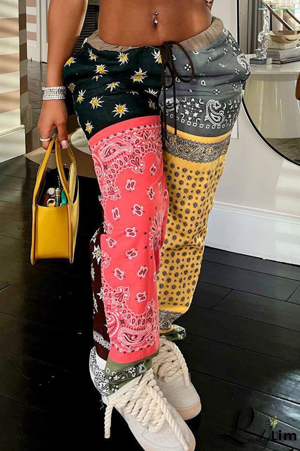 Pink Yellow Casual Print Patchwork High Waist Straight Patchwork Bottoms