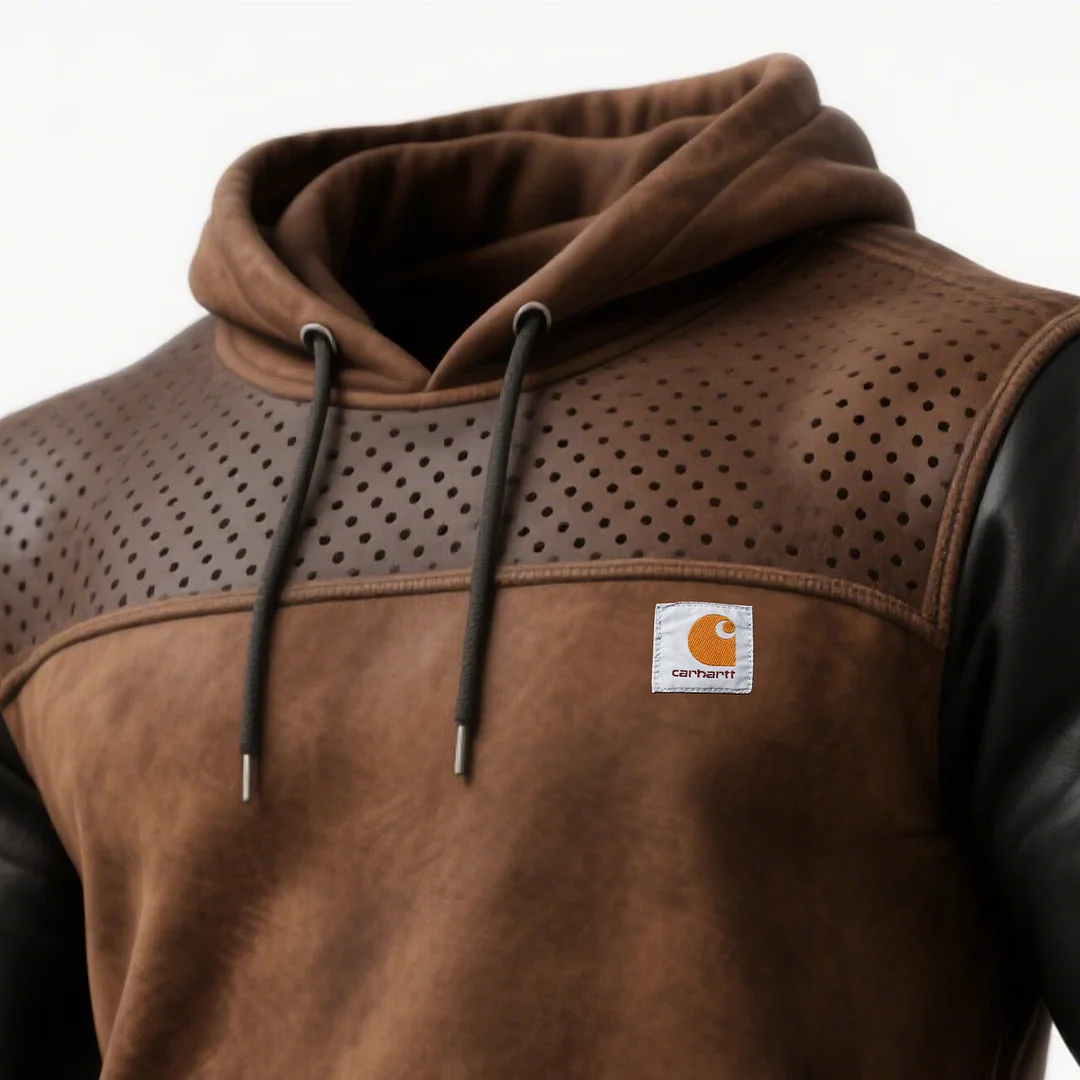 Men's Vintage Brown Leather And Fleece Hoodie With Perforated Details