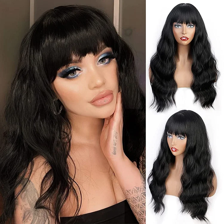 Vigorous Long Wig with Bangs Synthetic Black Wavy Wig for Women-elleschic