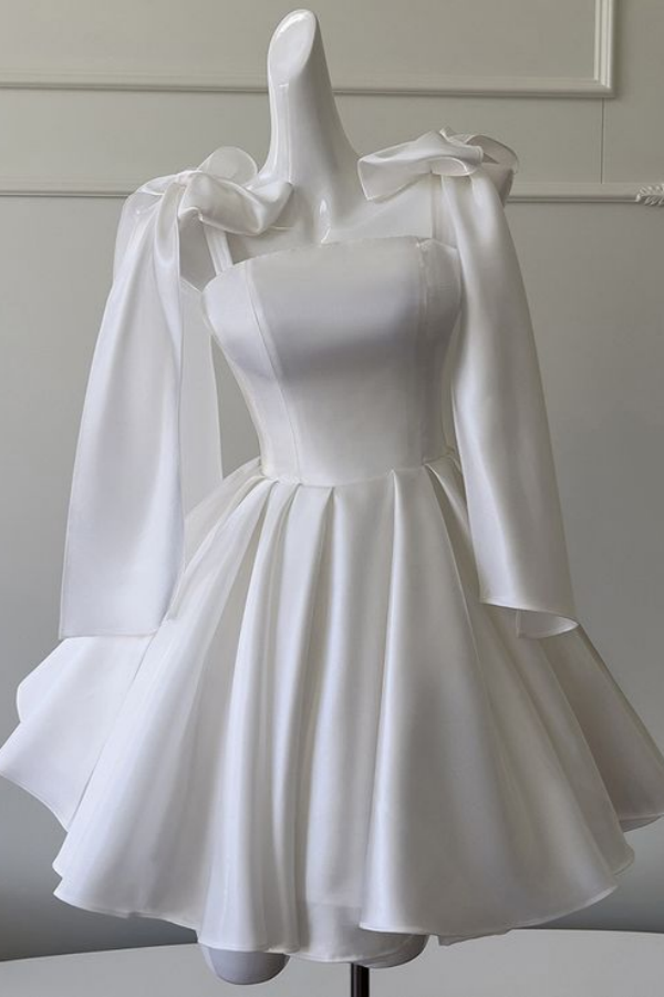 Miabel Simple Satin White Wide Shoulder Straps Homecoming Dress with Bow 
