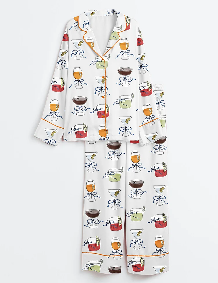Women&rsquo;s Cocktail Glass With Bow Hand Drawn Whimsical Dirty Martini Spritz  Negroni Margarita Icon Clip Art Long Sleeve Satin Pajama Set