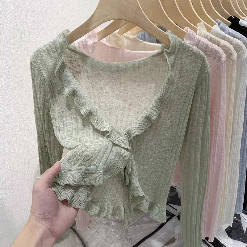 Uveng Uveng Ice Silk Knitted Cardigan Long Sleeve 2024 Summer Black Outer Short Air Conditioning Shirt Sunscreen Shawl Woman