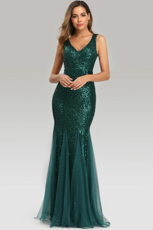 Dark Green Sequins Mermaid Evening Gowns Long Prom Dress With Tulle Ruffles