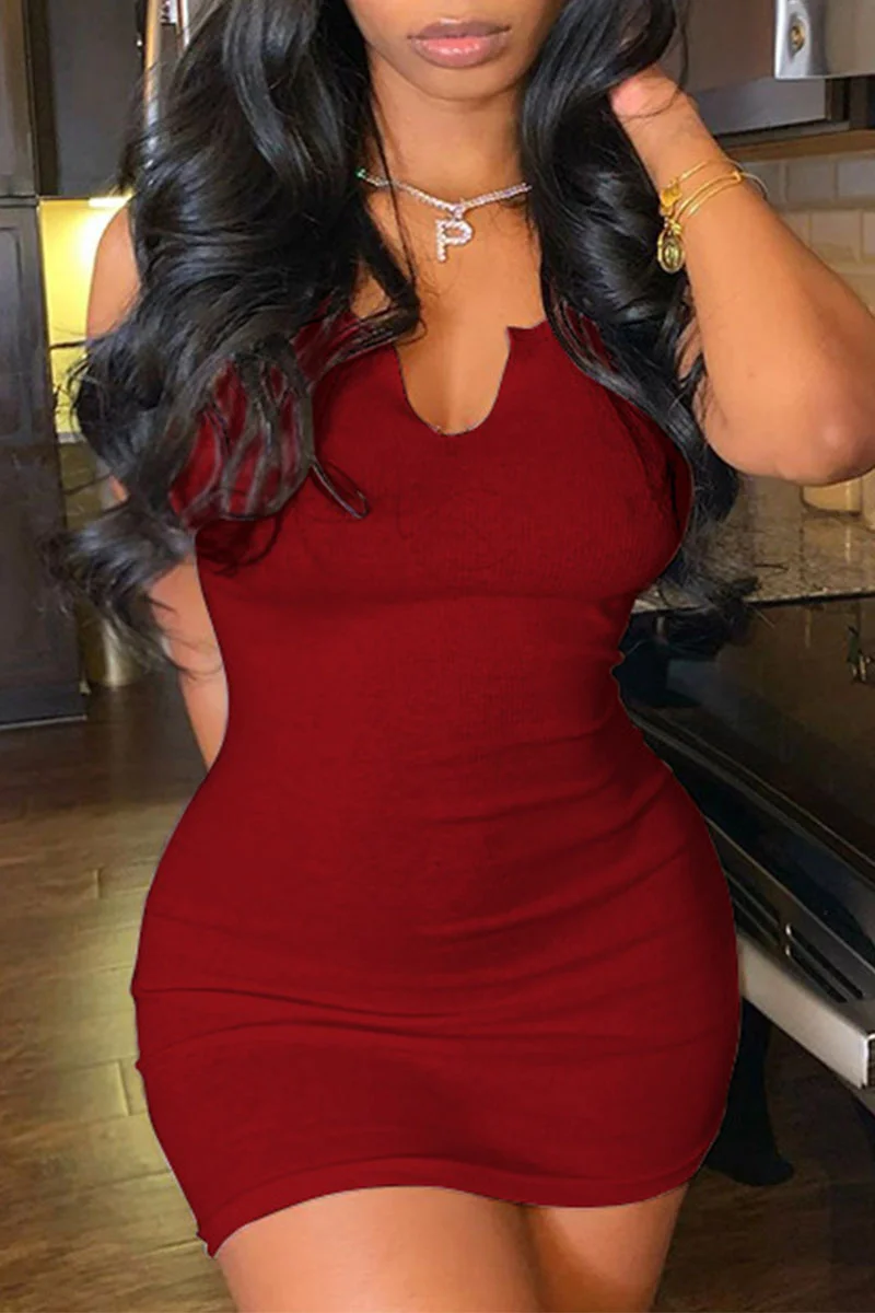 Dark Red Sexy Solid Split Joint V Neck A Line Dresses