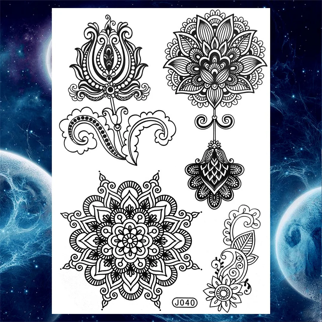 Lace Butterfly Temporary Tattoos For Women Girls Kids Tribal Black Henna Tattoo Sticker Mandala Flower Fake Jewelry Tatoos Adult