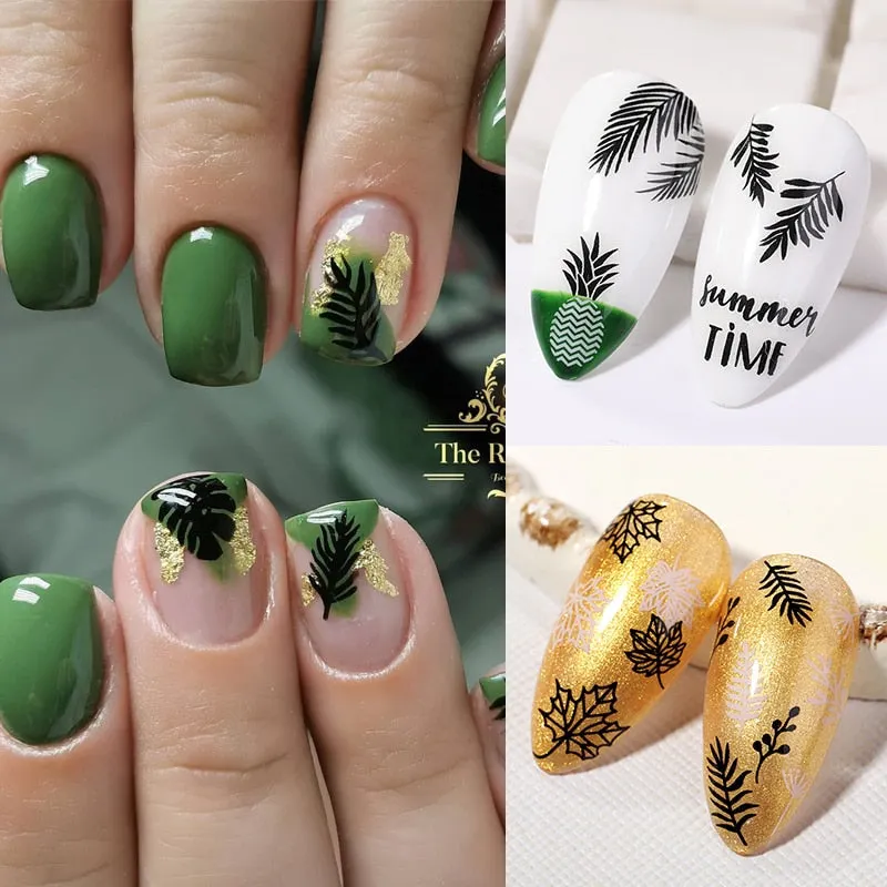 1pcs Black Gold Autumn Leaf 3D Nail Sticker Coconut Tree Leaf Pattern Adhesive Transfer Sticker Shiny DIY Nail Decoration