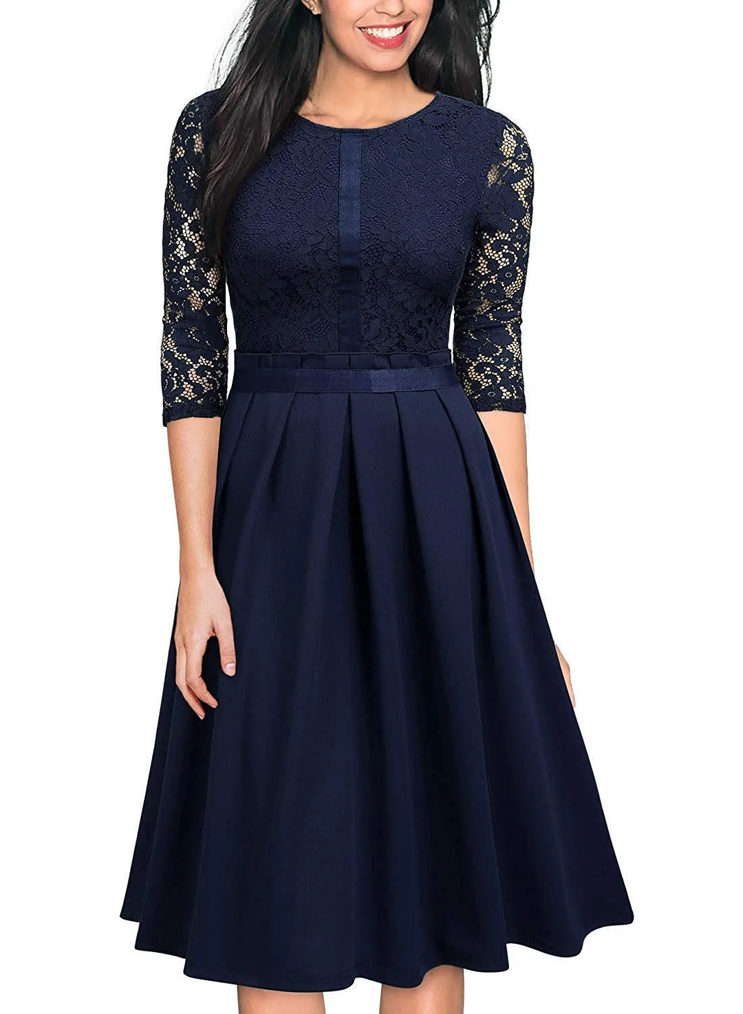 Women's Vintage Half Sleeve Floral Lace Cocktail Party Pleated Swing Dress