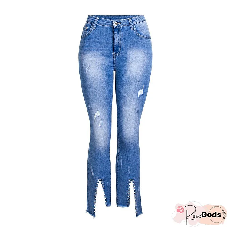 Beading Skinny Jeans Woman Split Ripped Calf-Length Denim Pants Women Spring Summer Casual Jeans