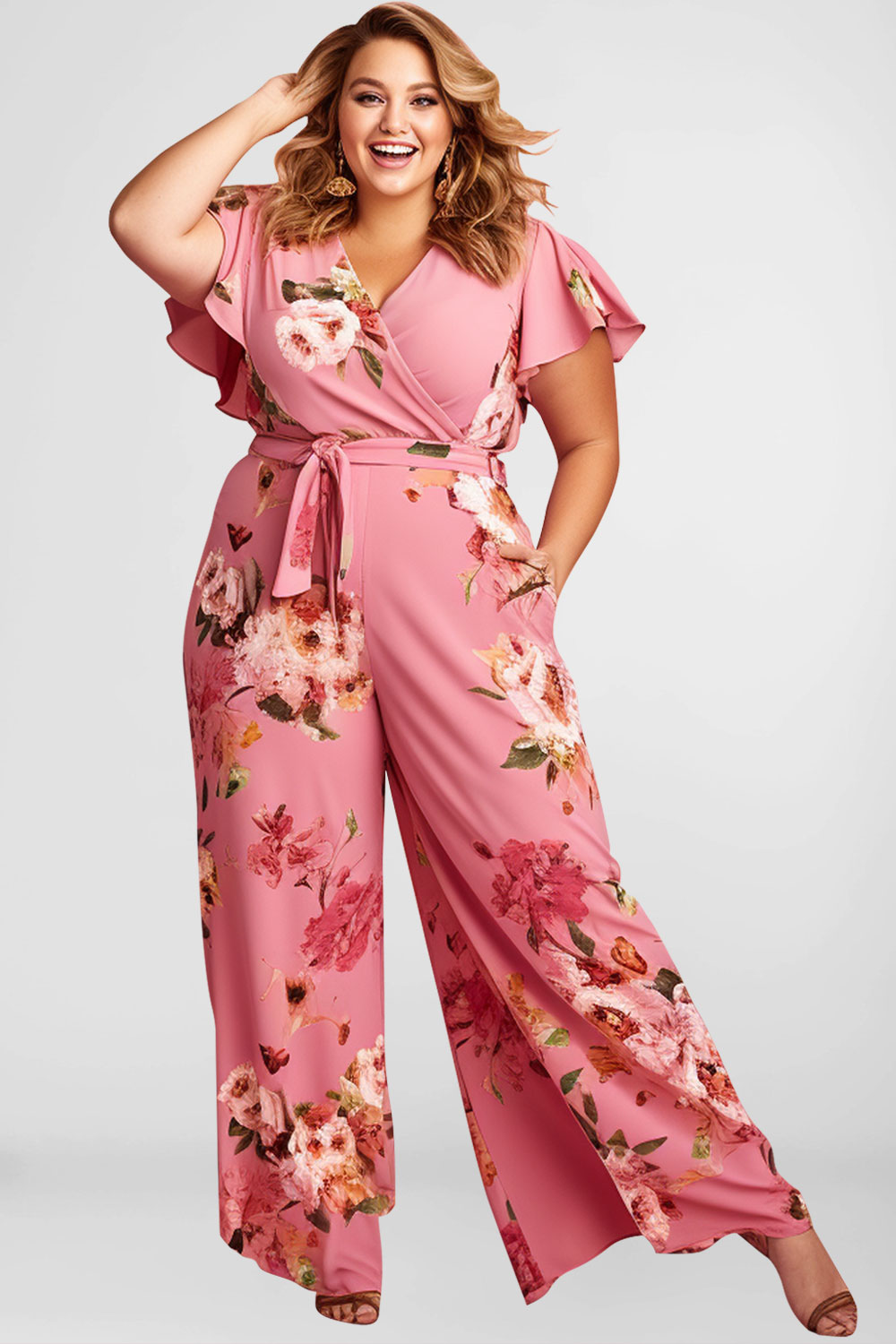 Flycurvy Plus Size Pink Everyday Wrap Pocket With Belt Floral Print Jumpsuit 2024 - Flycurvy 
