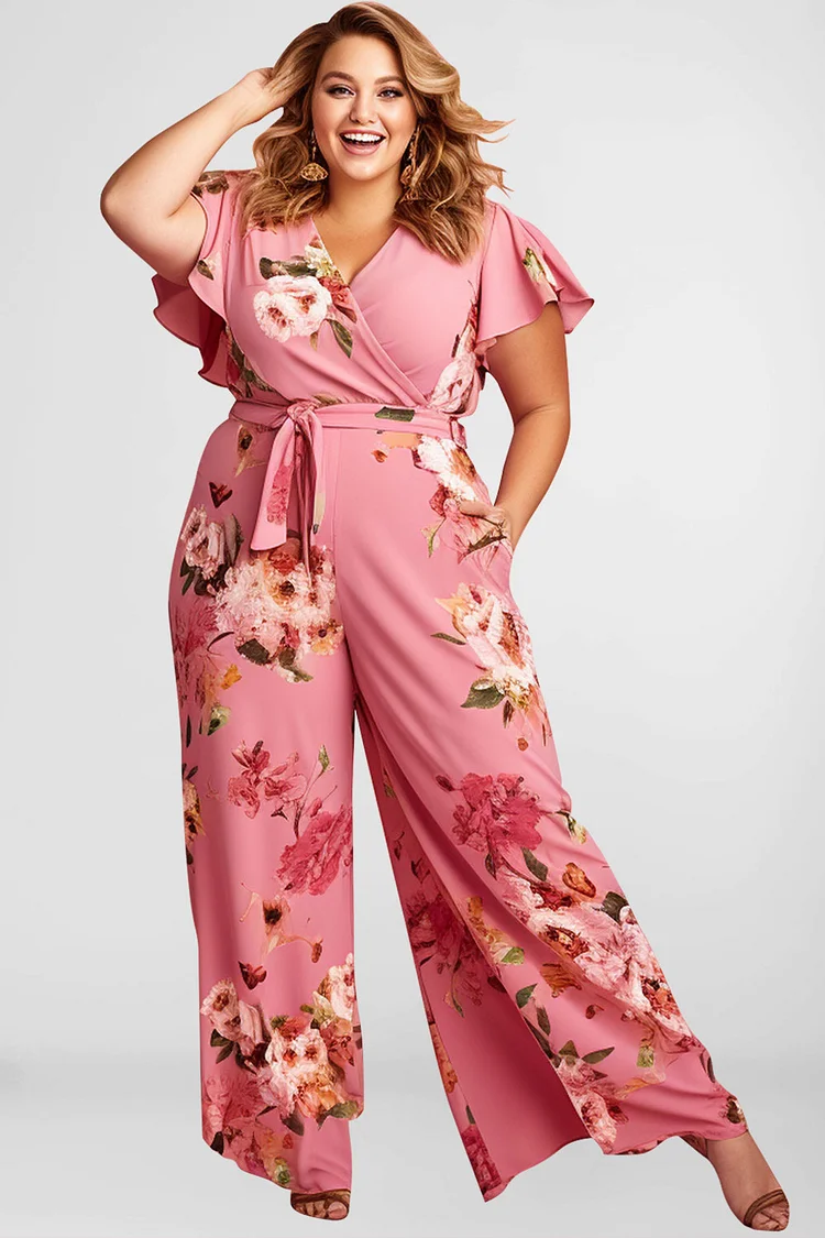 Flycurvy Plus Size Pink Everyday Wrap Pocket With Belt Floral Print Jumpsuit  Flycurvy [product_label]