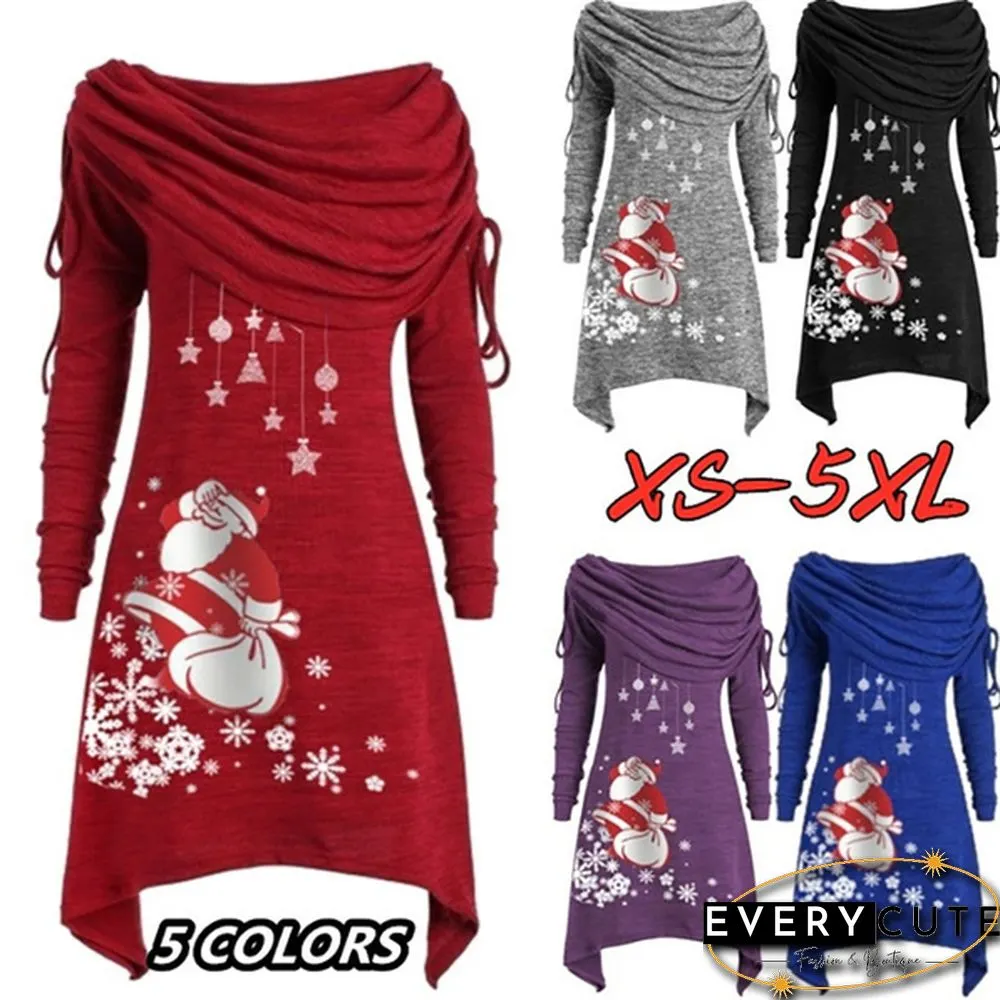 Fashion Women Christmas Dress Santa Claus Snowflake Print Foldover Collar Ruched Irregular