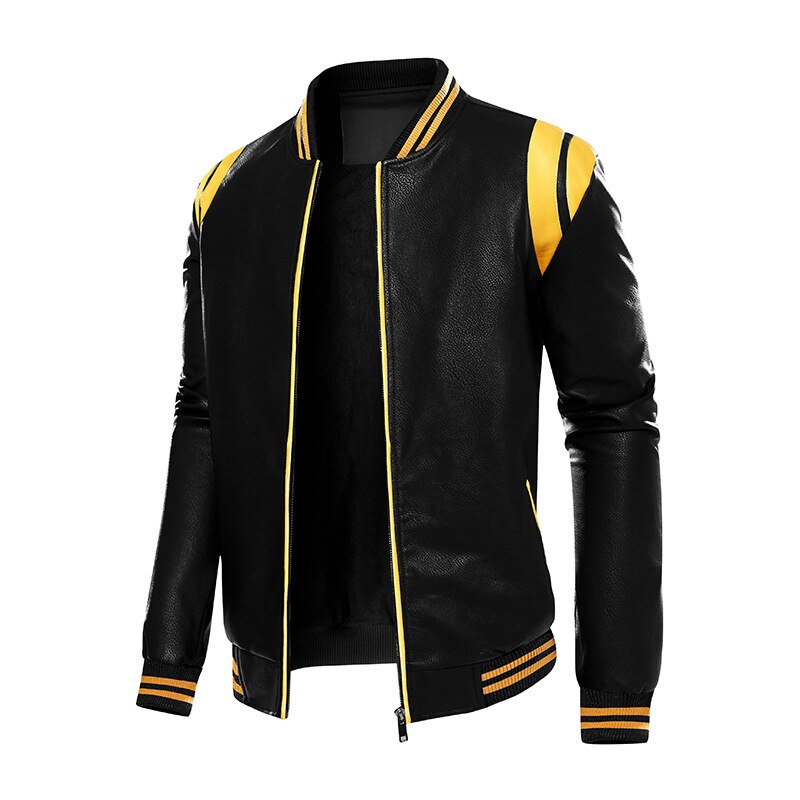 autumn Winter Men's Motorcycle Leather Jacket Plus Fleece Fashion Color Block Warm Coat Slim Fit Male Pu Faux Leather Coat