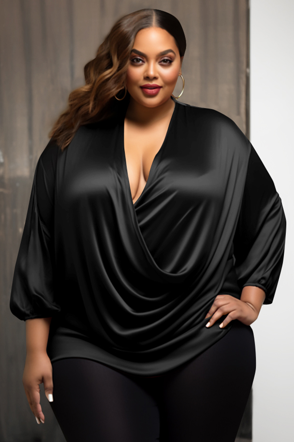 Design Plus Size Daily Black Cowl Neck 3/4 Sleeve Fold Satin Tops [Pre-Order]