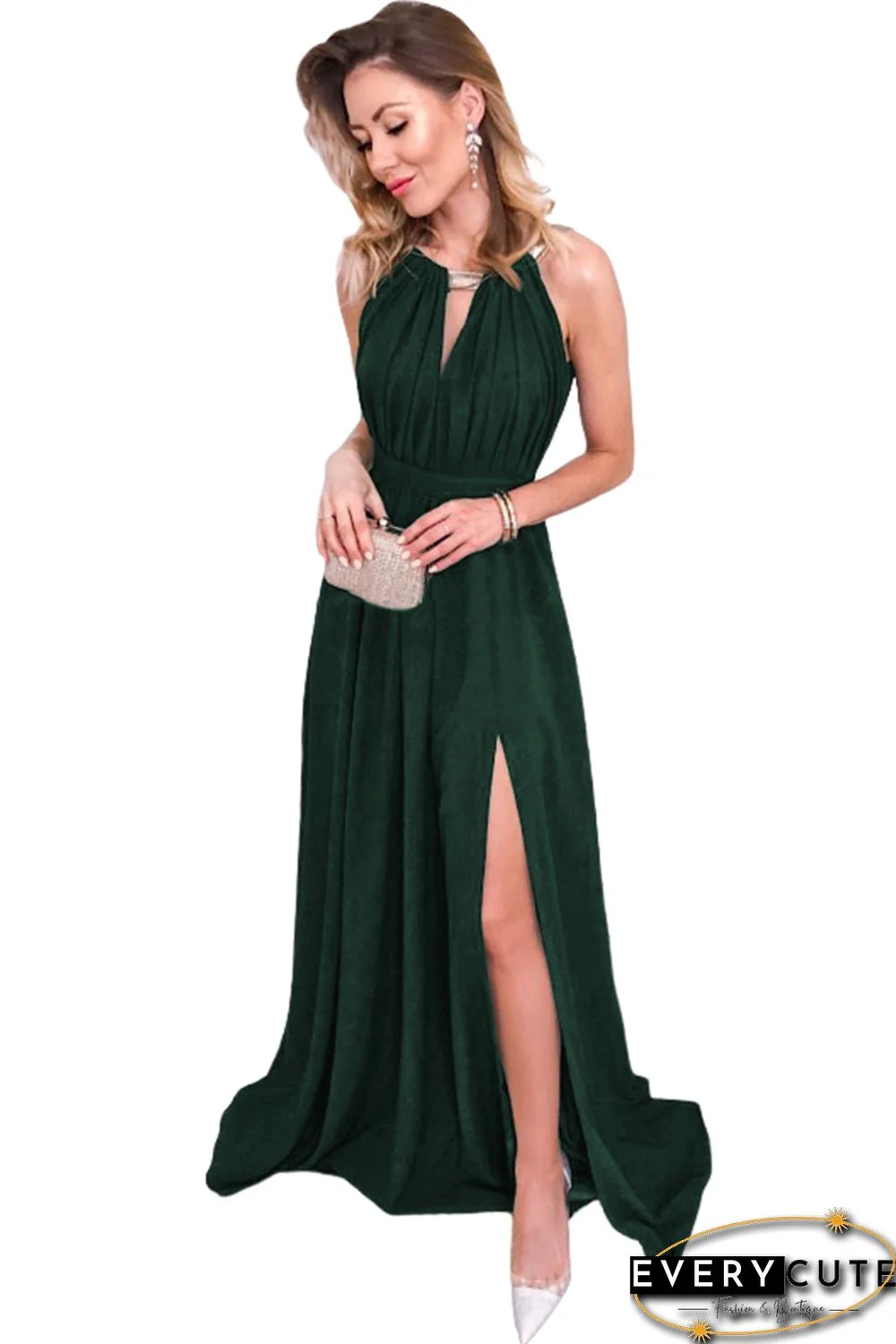 Green Glitter Trim Cutout Strapless Slit Party Dress