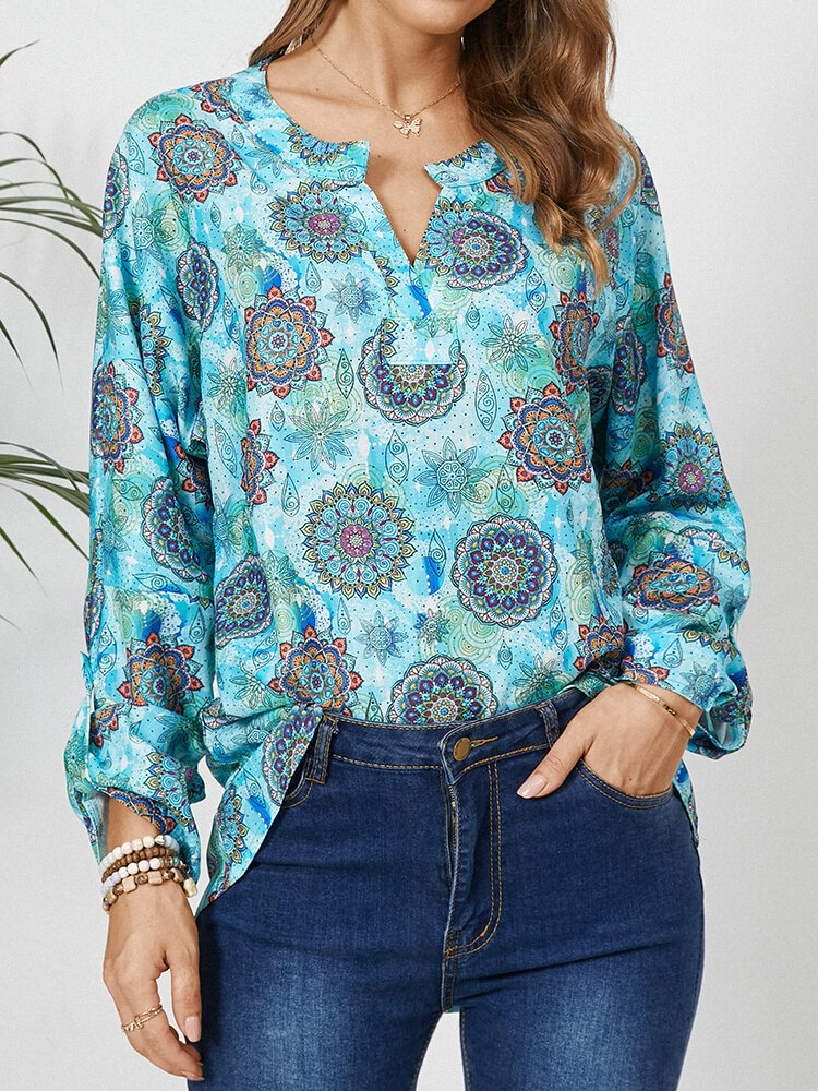 Ethnic Pattern V neck Long Sleeve Casual Blouse For Women P1836102