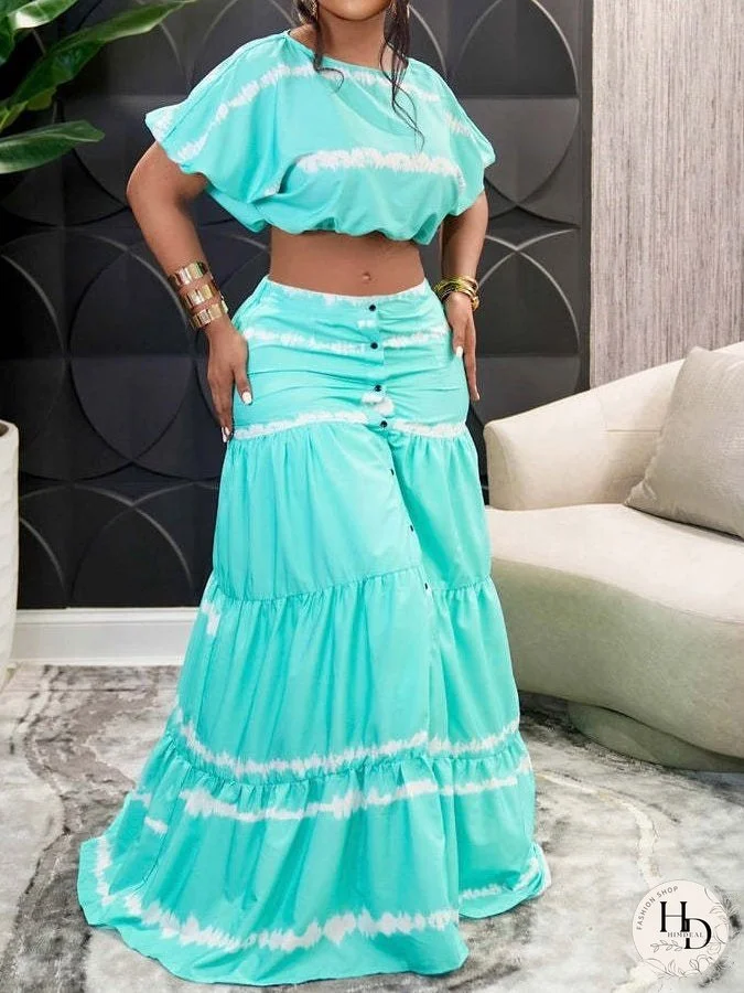 Printed Short Sleeve Crop Top & Skirt Two-Piece Set