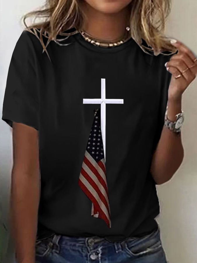 Women's Flag Cross Print Crew Neck T-Shirt