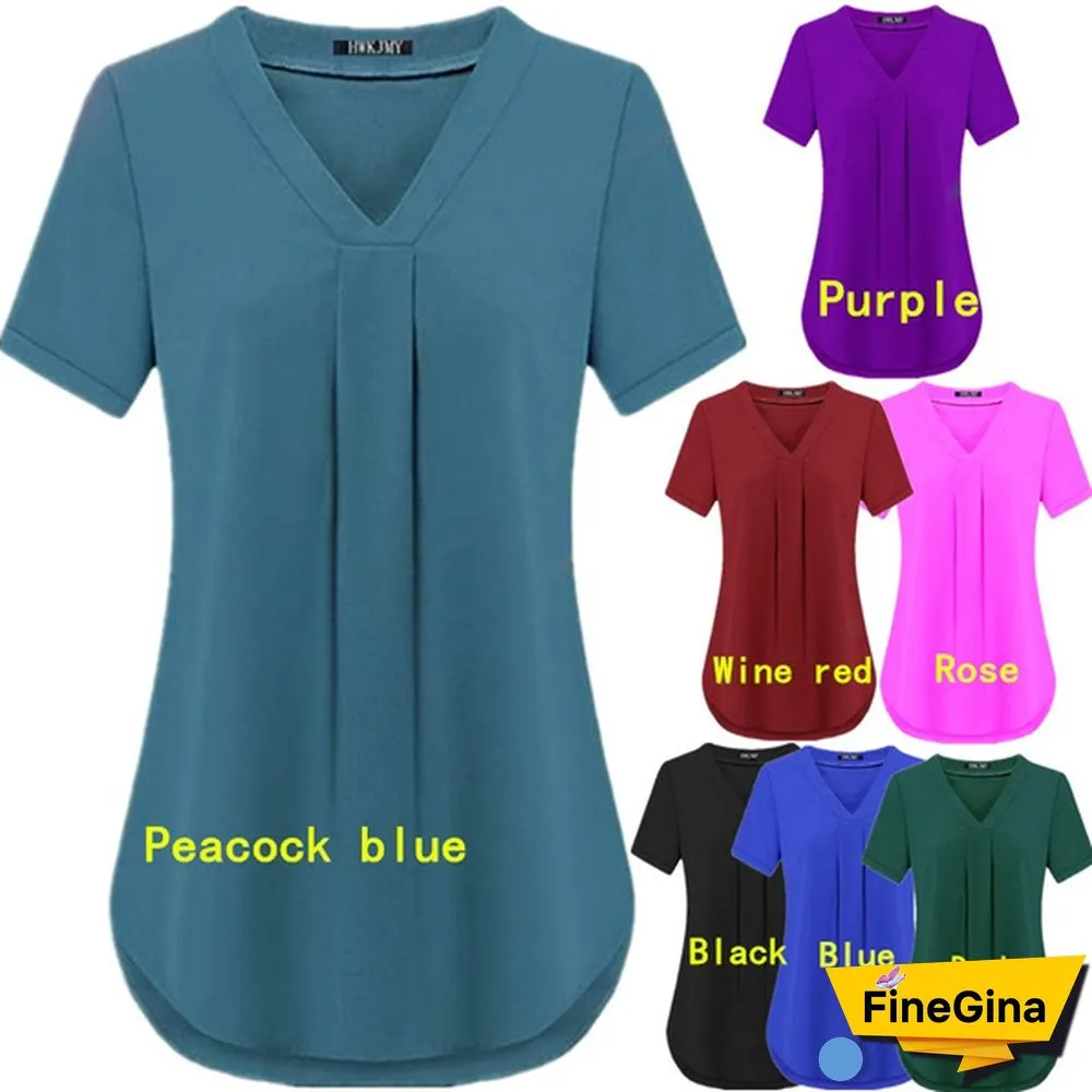 Womens Fashion Summer Sexy V-neck Short Sleeve Shirt Solid Color Loose Pleated Chiffon T