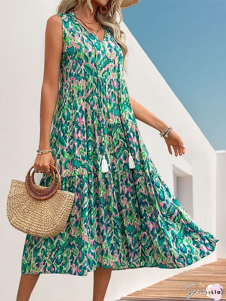 Bohemian V-Neck Printed Gathered Waist Midi Dress