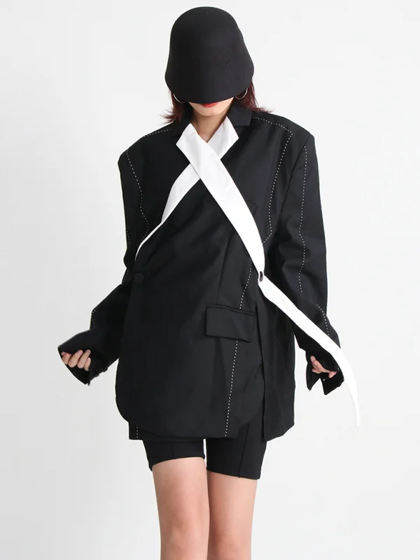 Women's fashion black and white stitching long-sleeved jacket Flusfy
