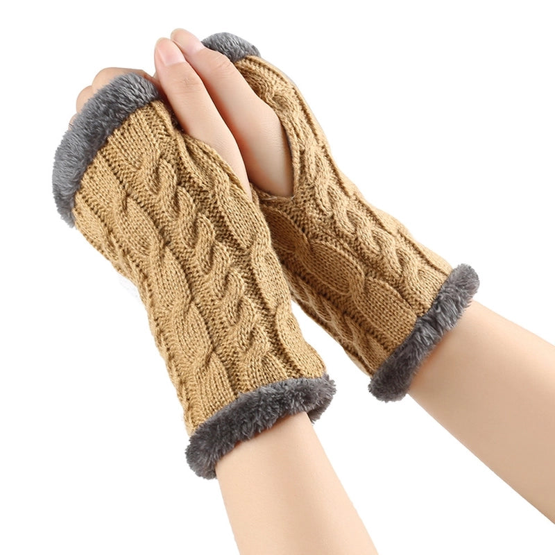 New Autumn And Winter Fleece-lined Wool Gloves Twist Knitted Finger Leakage Plush Oversleeve Warm Thickened Wool Gloves