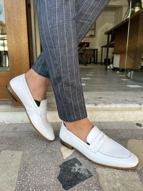 Handmade Mens white Leather Moccasins Shoes, Leather penny Loafer