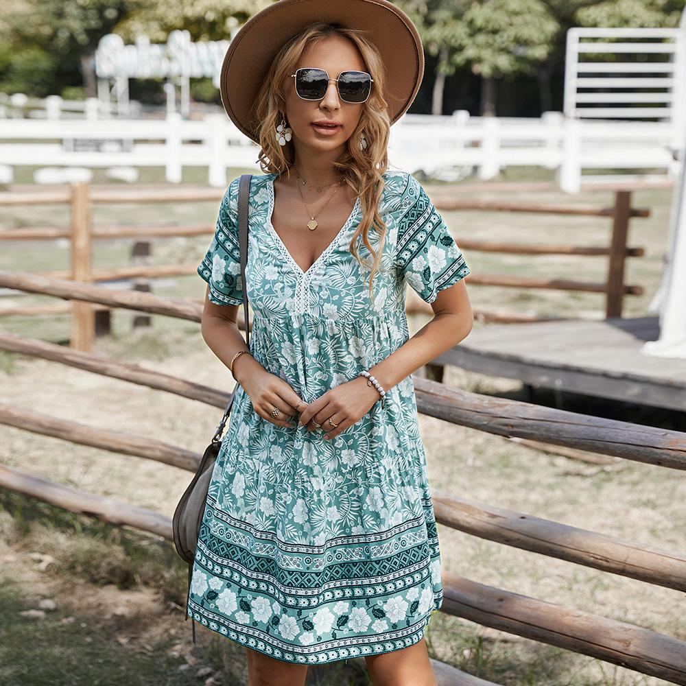 Elderly Women's Summer Boho Flower Print V Neck Dress