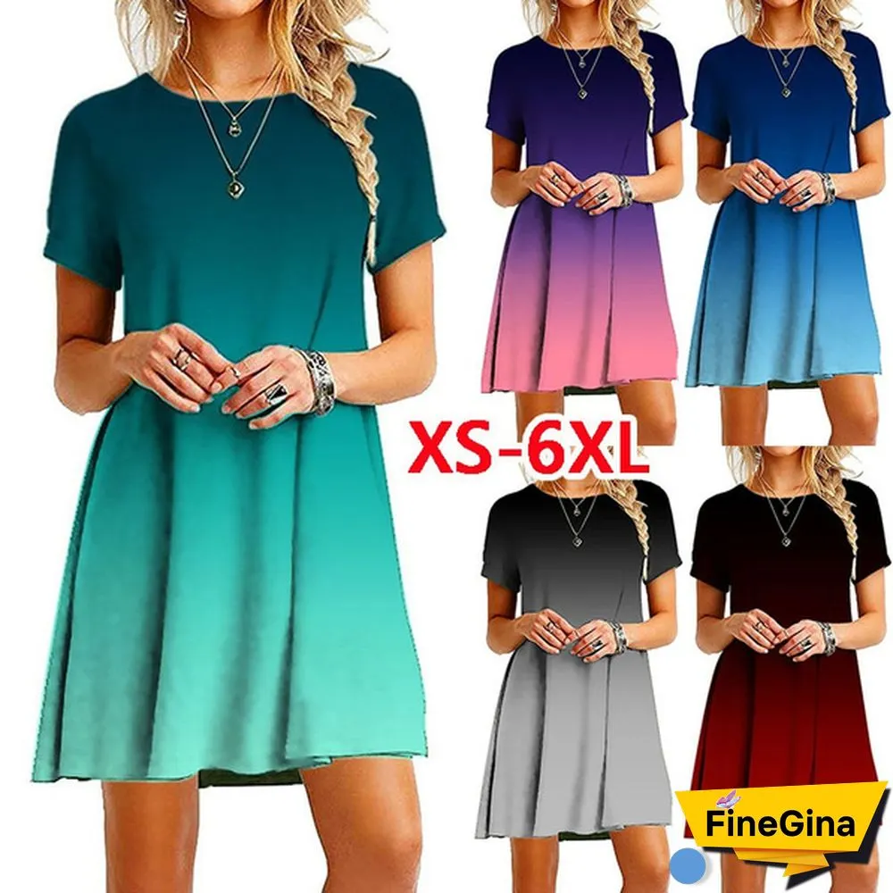 Womens Fashion Summer Clothing Casual Short Sleeved Tie Dye Printed T-Shirt Dress Crew