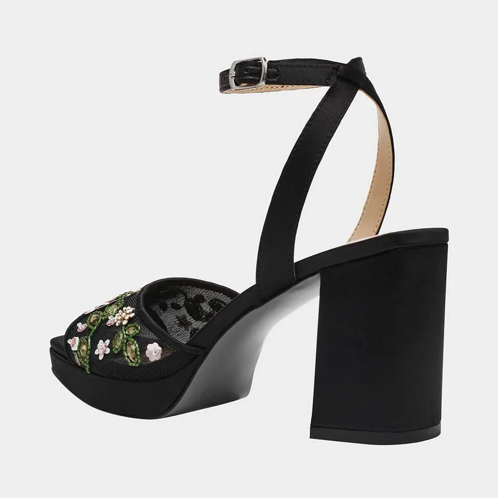 Black Square Toe Platform Floral Detail Ankle Strap Women Sandals