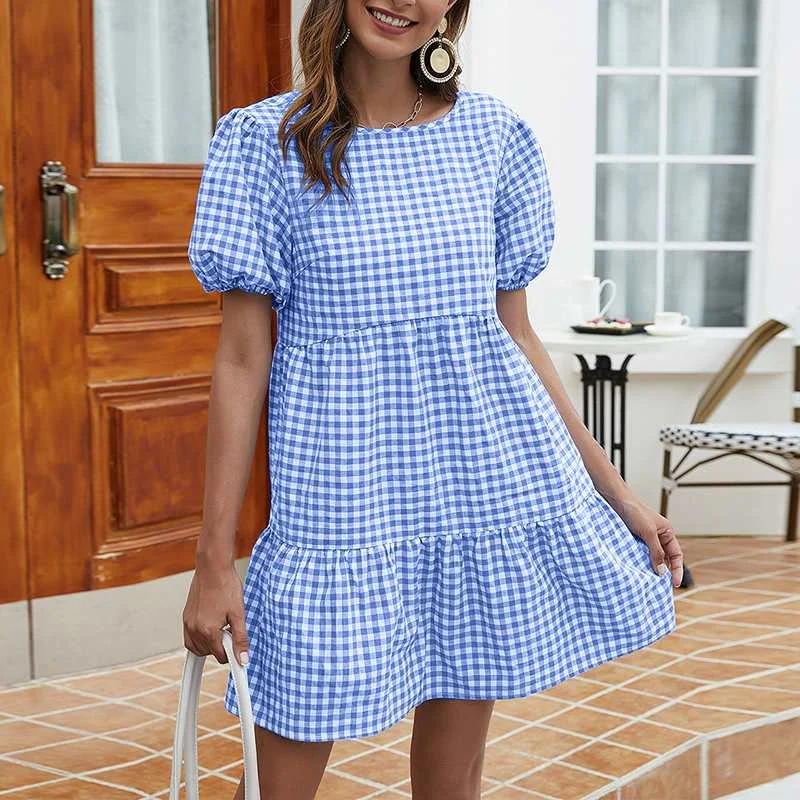 ZANZEA Women Fashion Plaid Checked Mini Dress Casual Loose Summer Dress Short Sleeve Ruffles Party Sundress Sexy Beach Vestido