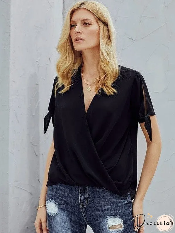 Elegant Solid Color Draped Blouse