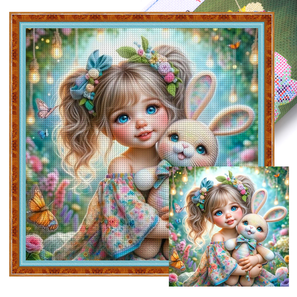 Girl And Rabbit Full 11CT Pre-stamped Canvas(40*40cm) Cross Stitch