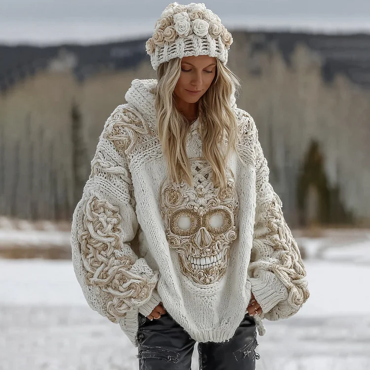 Women's White Rose Skull Comfortable Loose Solid Color Sweater