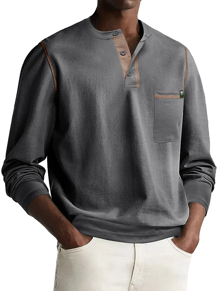 Men's Fashion Casual Patchwork Long Sleeve Pocket Henley Shirts