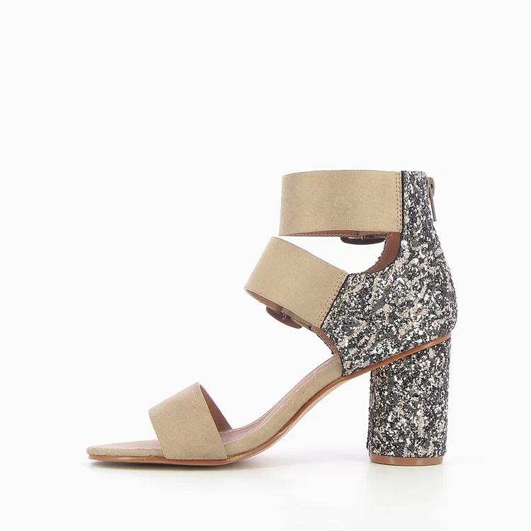 Khaki Block Heel Sandals Glitter Heels Vegan Suede Summer Sandals |FSJ Shoes