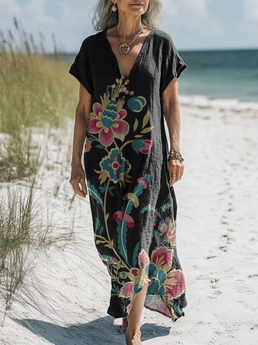 Women's Vintage Flower Art Print Pocket Cotton Dress