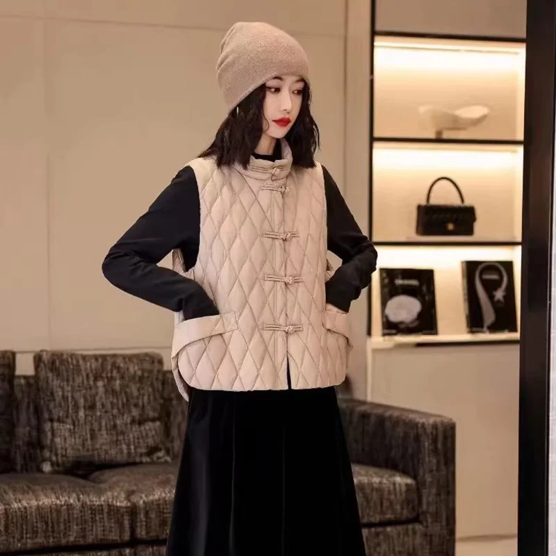 Woherb New Chinese Style Dish Buckle White Duck Down Down Vest Female Wear Winter New Fashion Diamond Large Size Vest Down Liner-Outfit Ideas