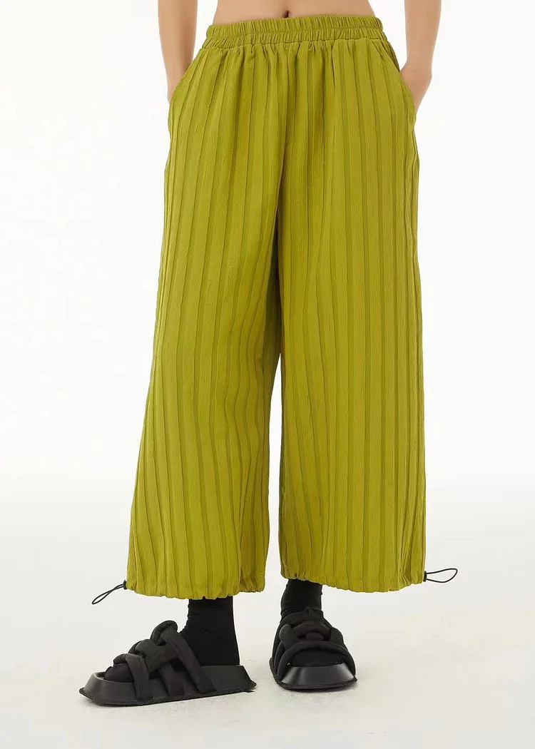 Fine Green Elastic Waist Striped Drawstring Wide Leg Pants Trousers Summer