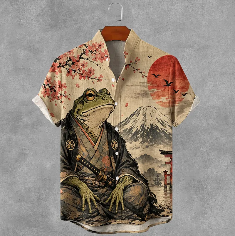 Vintage Japanese Frog Art Print Button Casual Cotton Linen Shirt  artssus
