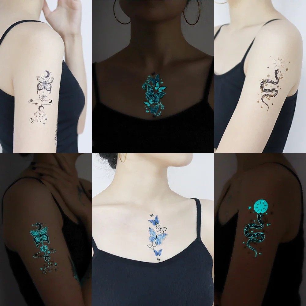 Sdrawing Luminous Glow Tattoo Sticker Snake Deer Glowing Halloween Waterproof Temporary Tatoo Wrist Fake Tatto Body Art Women Men