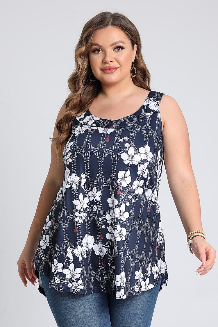 Plus Size Floral Print Wide Strap Curved Hem Casual Tank Top  Flycurvy [product_label]