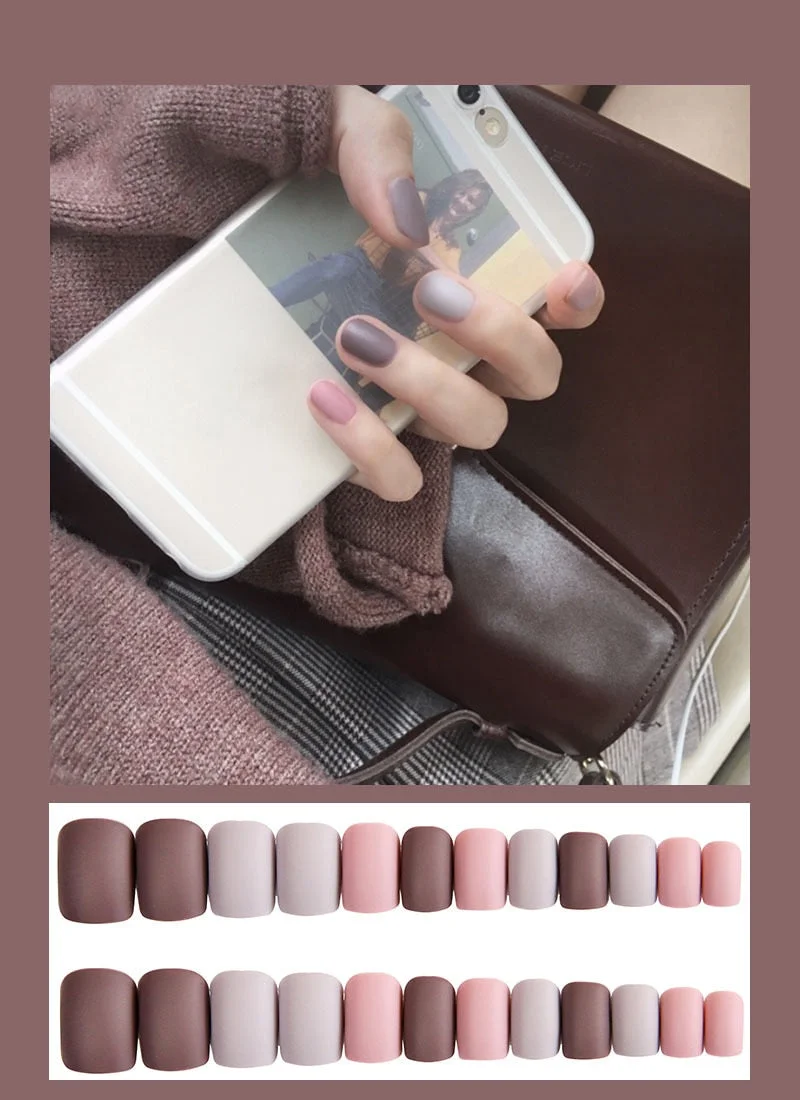 24pcs Dark Coffee Fake Nails Orange And Yellow Two-tone Matte Polish False Nail Patch Round Ballet Nail Tips Glue Wear Manicure-Nail Inspo