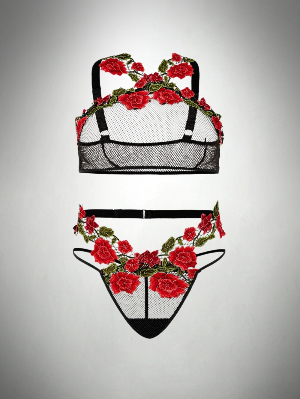 Lovingerie - Plus Size Lace Sheer Rose Embroidery Lingerie Set