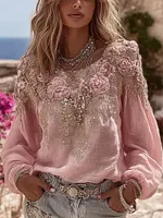 Vintage Boho Pink Rose Embroidered Long Sleeve Linen T Shirt