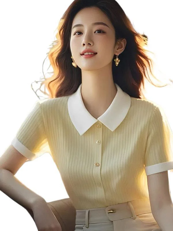 Athvotar Athvotar Ice Silk Polo Collar Knitted Shirt For Women 2025 Summer New Commuter Shoulder Short-Sleeved T-Shirt Euro Shirt