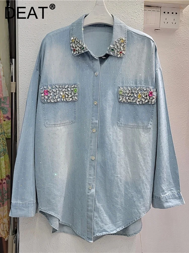 Churchf Women's Denim Shirt Full Diamonds Loose Lapel Rhinestone Single 