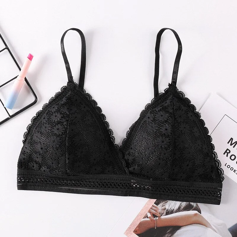 French style sexy ladies lace pierced steel sports bra beauty back wrapped chest comfortable stretch bra triangle cup underwear