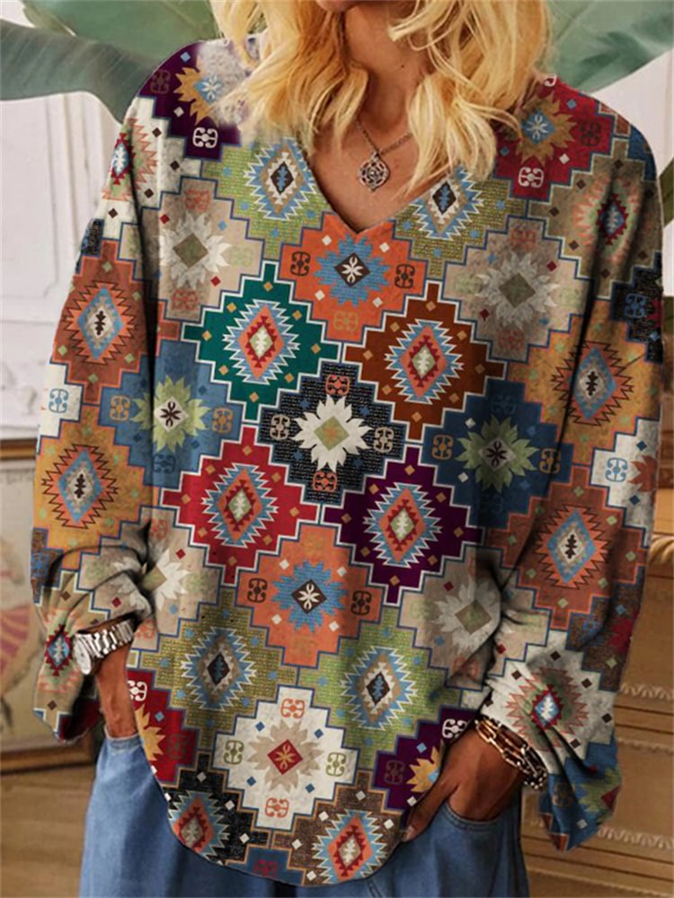 Western Ethnic Aztec Geometric Oversize T Shirt