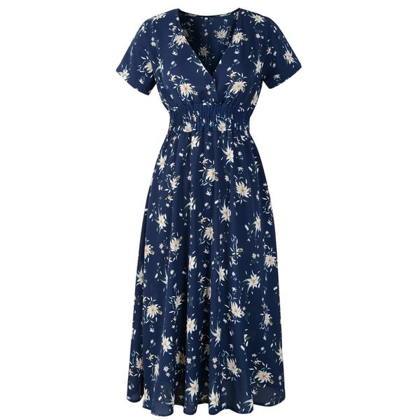 Floral Print V-Neck Ruffle Hem Elastic Waist Dress - BlackFridayBuys