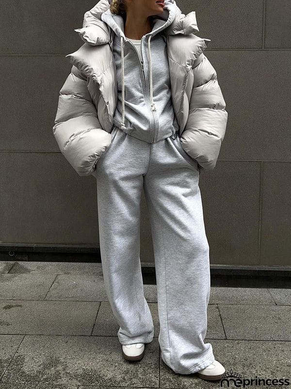 Long Sleeves Loose Solid Color Split-Joint Hooded Padded Coat